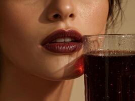 A woman with dark lipstick is drinking a soda photo