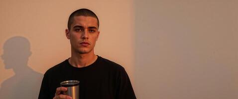 A man holding a cup in front of a wall photo