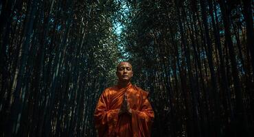 A monk in an orange robe standing in the middle of a bamboo forest photo
