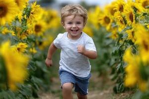 Young boy joyfully runs through vibrant sunflower field during s photo