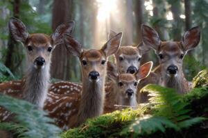 Group of fawns gather under sunlight in a lush forest during ear photo