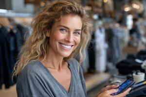 Smiling woman enjoying shopping while using smartphone in a styl photo