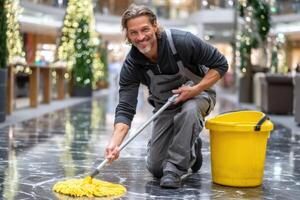 Man cleaning a shopping mall floor with a mop and bucket during photo
