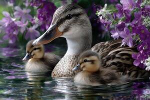 Mother duck with ducklings swimming among colorful flowers in a photo