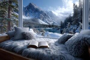 Cozy reading spot with scenic winter view of mountains and lake photo