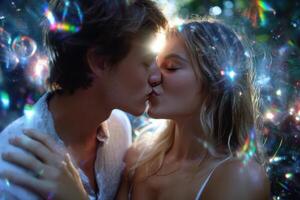 Couple kisses amidst sparkling bubbles in a forest during golden photo