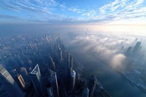 City skyline view over water with fog in the early morning light photo