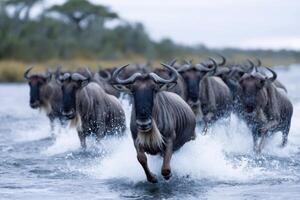 Herd of wildebeests crossing a river during migration in early morning lightWildebeest herd crossing river at dawn photo