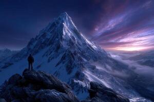 Mountains at sunset with hiker photo