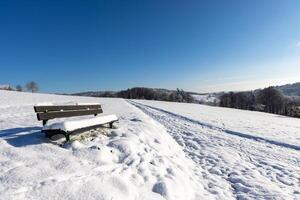 Empty bench covered in snow in a field on a clear winter sunny daySnowcovered empty bench in sunny winter field photo