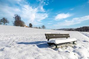 Empty bench covered in snow in a field on a clear winter sunny daySnowcovered bench in field on sunny winter day photo