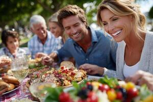 Friends gather for a cheerful outdoor picnic enjoying vibrant fo photo