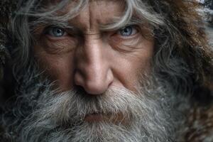 Elderly man with piercing blue eyes and a thick beard wearing fu photo