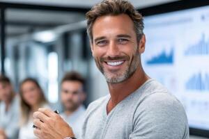 Business professional presenting ideas in meeting room with enga photo