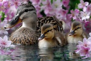 Mother duck swimming with her adorable ducklings among blooming photo