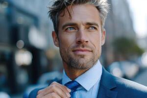 Confident businessman adjusting tie while standing outdoors in a photo