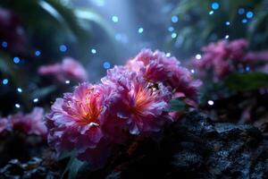 Vibrant pink flowers bloom amid a mystical forest glen with gent photo