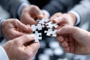 Hands together solving a puzzle in a collaborative office enviro photo