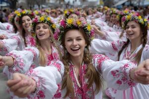 Joyful celebration of spring with dancers in floral crowns at a photo
