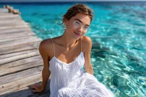 Relaxing by the turquoise waters on a sunny day in a tropical pa photo