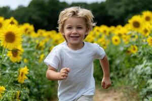 Child joyfully runs through a sunflower field during a sunny day photo