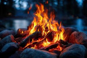 Warm flames dance among stones by the water at dusk in a serene outdoor settingWarm flames dance water stones serene outdoor setting photo