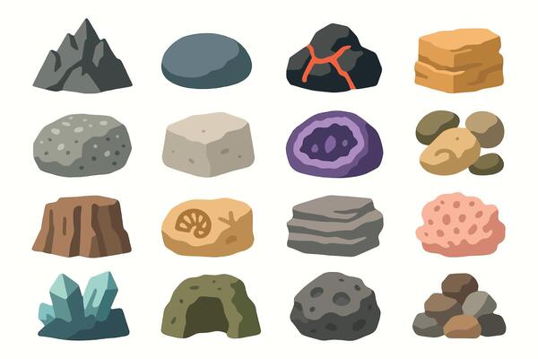 Cartoon Rock and Mineral Icon Set with Stones, Crystals, and Fossils