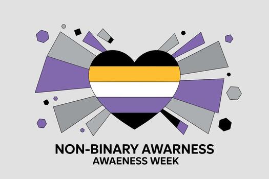 Non-Binary Awareness Week Heart Icon with Pride Flag Colors and Bold Text vector