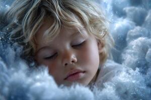 Child peacefully sleeping among soft, fluffy clouds in a dreamli photo