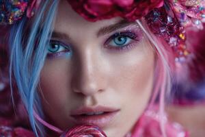 Woman with vibrant hair and floral accessories showcasing creati photo