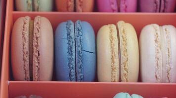 Colorful macarons displayed in a bakery box for sale video