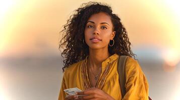 A young woman with curly hair stands outdoors against a vibrant sunset, holding a ticket and looking confidently at the viewer. The warm tones enhance her presence. photo