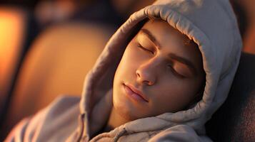A young man with a hoodie is sleeping quietly on a bus seat. The warm glow of evening light softly highlights his relaxed face as the journey continues. photo