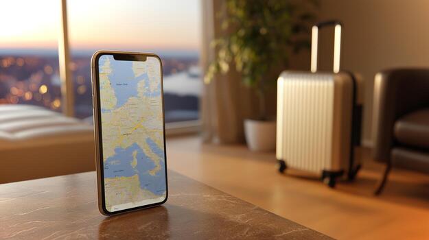 A smartphone displaying a map of Europe stands on a table next to a suitcase, illuminated by the warm glow of sunset filtering through the window. photo