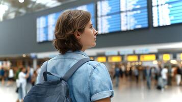 A young traveler stands in an airport terminal, looking towards the flight information board. The environment is bustling with other passengers and activity. photo
