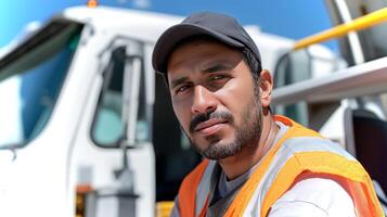 A construction worker wearing an orange reflective vest and a cap sits next to a vehicle, looking directly into the camera with a focused expression. photo