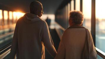 A middle-aged couple walks hand in hand, enjoying the warm hues of the sunset while strolling through a sleek urban walkway. The atmosphere is serene and intimate. photo