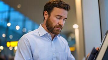 A bearded man in a light blue shirt interacts with a self-service kiosk in a busy airport terminal. Soft lighting and reflections create a vibrant atmosphere. photo