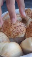 Freshly baked rolls with sesame seeds in a basket video