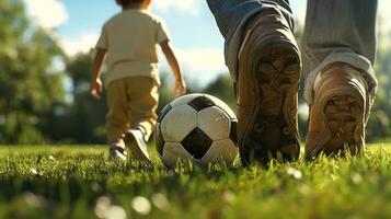 A man and a child walking on a grassy field photo