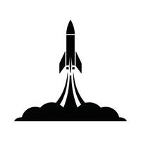 Black silhouette of a rocket launching with smoke trails against a white background vector