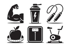 Fitness and health icons silhouette collection isolated on white background vector