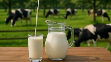 rustic wooden table with glass jug of fresh cow milk and drinking glass against pastoral backdrop of dairy farm under clear blue sky video