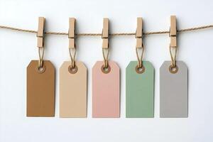 Pastel Paper Tags Hanging on String with Wooden Clothespins, kraft paper, copy space area photo
