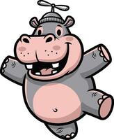 Joyful cartoon hippo with a beanie propeller hat, spinning happily vector