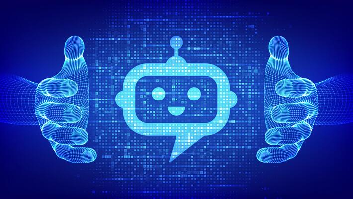 Robot chatbot head icon sign made with binary code in wireframe hands. Chatbot assistant application. Digital binary data and streaming digital code. Background with digits 1.0. Illustration.
