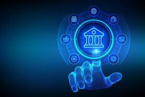 Hand interacting with digital banking interface vector