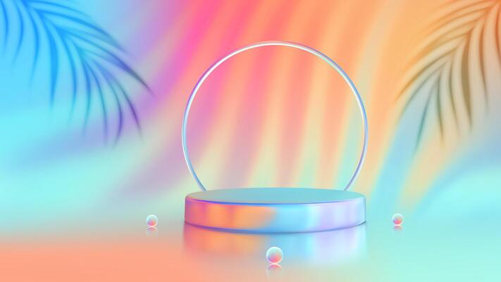 Summer product podium with palm leaves shadows. Summer sale podium. Platform for product presentation. Bright sunset and sunrise sky colors background. Blue, purple, orange, pink, yellow. .