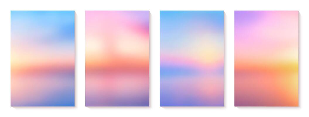 Summer blur gradient backgrounds set. Sunrise or sunset in ocean. Bright gradient summer sea. Sunset and sunrise sky colors. Blue, purple, orange, pink, yellow.
