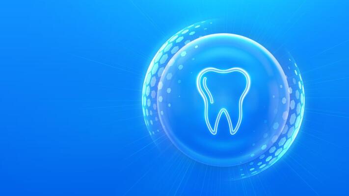 Dental protection. Dental care.Dentistry. Teeth care. Dental insurance and servises. Tooth icon inside protection sphere dome shield with hexagon pattern on blue background.